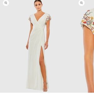 Macduggal ivory maxi dress with embellished sleeves